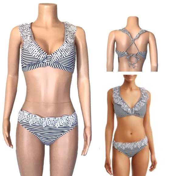 Time and Tru Black and White Striped Eyelet Ruffle Bikini Set Size L-XL - Picture 1 of 11